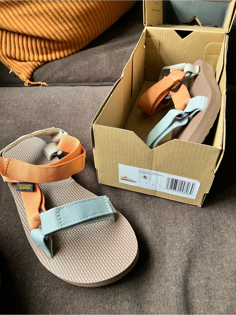 Teva Dual-Strap Sandals in Orange & Light Blue